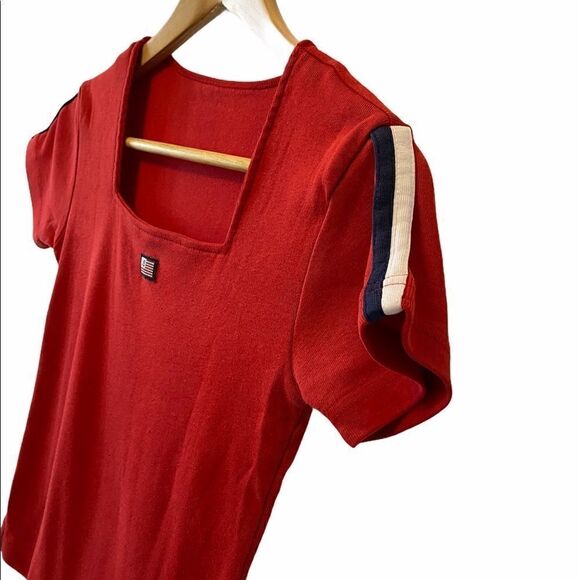 USA Red Cotton Cropped Stretch Square Neck Tee S - Picture 3 of 7